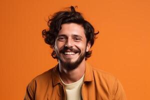 ai generativo un hombre en sólido color antecedentes con un sonrisa facial expresión foto