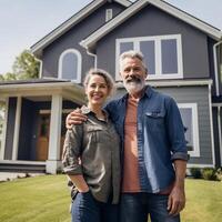 ai generativo retrato de contento maduro Pareja en pie en frente de su nuevo casa foto