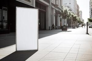 A blank white billboard mockup on a sidewalk in a city photo