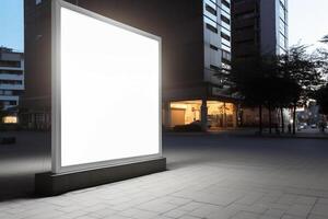 A blank white billboard mockup on a sidewalk in a city photo