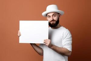 A man holds a blank white sign board mockup in his hand photo