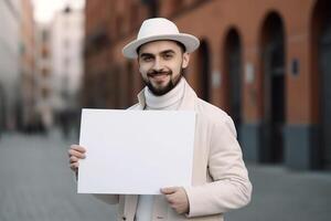 ai generativo un hombre sostiene un blanco blanco firmar tablero Bosquejo en su mano foto