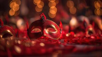 Carnival Party - Venetian Masks On Red Glitter With Shiny Streamers On Abstract Defocused Bokeh Lights with copy space for text, photo