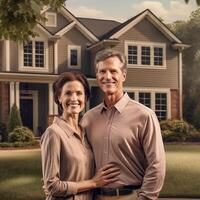 AI Generative Portrait of happy mature couple standing in front of their new house photo