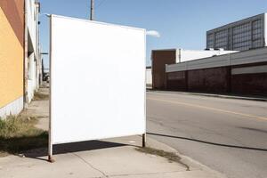 A blank white billboard mockup on a sidewalk in a city photo