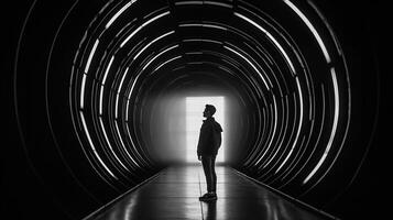 Silhouette of a man standing in a dark tunnel and looking at the light photo