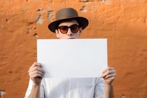 A man holds a blank white sign board mockup in his hand photo