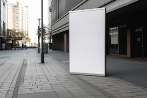 A blank white billboard mockup on a sidewalk in a city photo