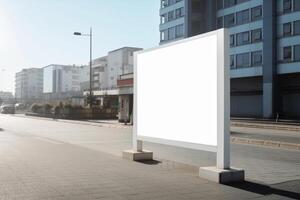 A blank white billboard mockup on a sidewalk in a city photo