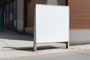 A blank white billboard mockup on a sidewalk in a city photo