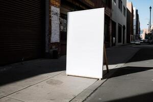 A blank white billboard mockup on a sidewalk in a city photo