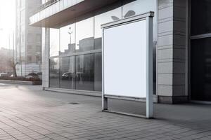 A blank white billboard mockup on a sidewalk in a city photo