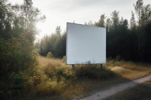 A blank white billboard mockup on a sidewalk in a city photo