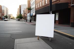 A blank white billboard mockup on a sidewalk in a city photo