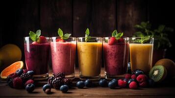 Fresh fruit smoothies closeup food photography, low angle, photo