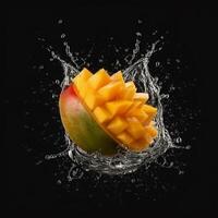 Mango fruit in water splash, isolated on black background. Creative food concept. photo