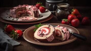 Pink plate with pieces of delicious sponge cake roll, fresh strawberries, napkin and chocolate on light background, photo