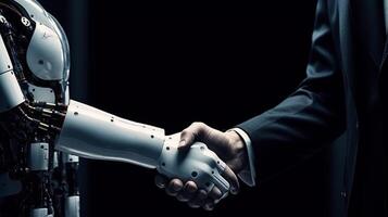 AI Generative Close-up of a robot shaking hands with a businessman on a black background photo