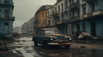 Old car in the rain on the street photo