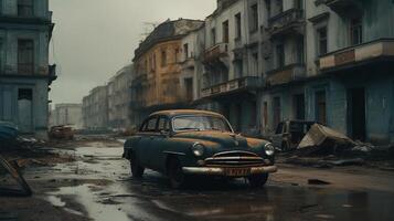 ai generativo antiguo coche en el lluvia en el calle foto