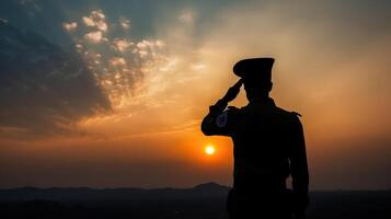 silueta de soldado saludando en un antecedentes de puesta de sol o el amanecer. saludo tarjeta para independencia día, república día. India celebracion, generativo ai foto