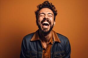 a man on solid color background photoshoot with Laugh face experession photo