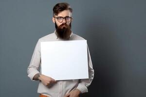 A man holds a blank white sign board mockup in his hand photo