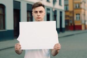 A man holds a blank white sign board mockup in his hand photo