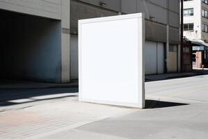 A blank white billboard mockup on a sidewalk in a city photo