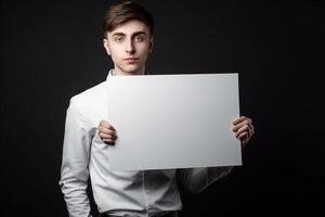 A man holds a blank white sign board mockup in his hand photo