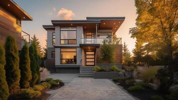 AI Generative Exterior of modern luxury house with garden and beautiful sky photo