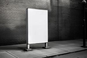 A blank white billboard mockup on a sidewalk in a city photo