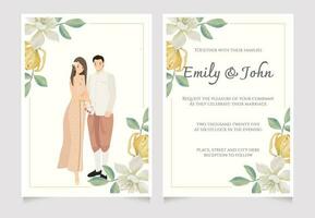 cute young thai wedding couple in traditional dress wedding invitation card template vector