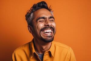 a man on solid color background photoshoot with Laugh face experession photo