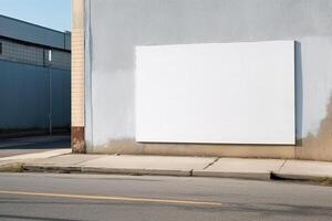 A blank white billboard mockup on a sidewalk in a city photo