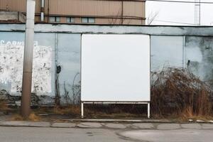 A blank white billboard mockup on a sidewalk in a city photo