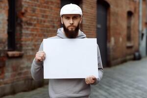 ai generativo un hombre sostiene un blanco blanco firmar tablero Bosquejo en su mano foto