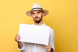 A man holds a blank white sign board mockup in his hand photo