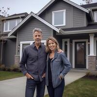 Portrait of happy mature couple standing in front of their new house photo