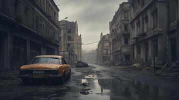 Old car in the rain on the street photo