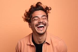 a man on solid color background photoshoot with Laugh face experession photo