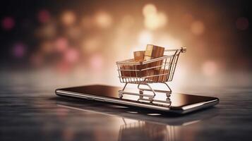 E-commerce concept. Shopping cart with boxes on a wooden table. photo