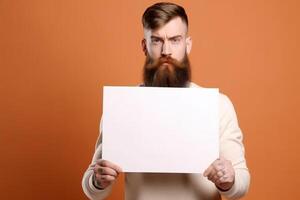 ai generativo un hombre sostiene un blanco blanco firmar tablero Bosquejo en su mano foto