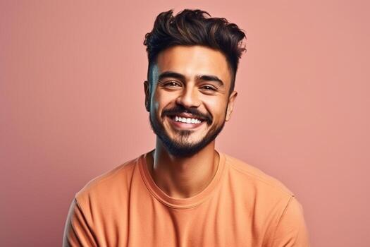 ai generativo un hombre en sólido color antecedentes con un sonrisa facial expresión foto