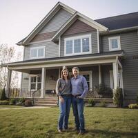 Portrait of happy mature couple standing in front of their new house photo