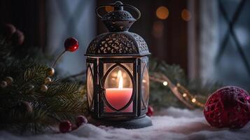 Christmas Lantern On Snowy Table With Fir Branches And Ornaments, photo