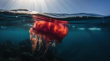 Red jellyfish dancing in the blue ocean water, wildlife, photo