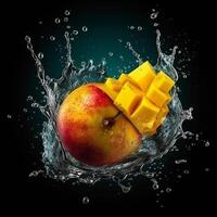 Mango fruit in water splash, isolated on black background. Creative food concept. photo