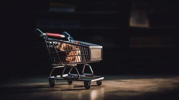 ai generativo comercio electrónico concepto. compras carro con cajas en un de madera mesa. foto