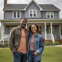 ai generativo retrato de contento maduro Pareja en pie en frente de su nuevo casa foto